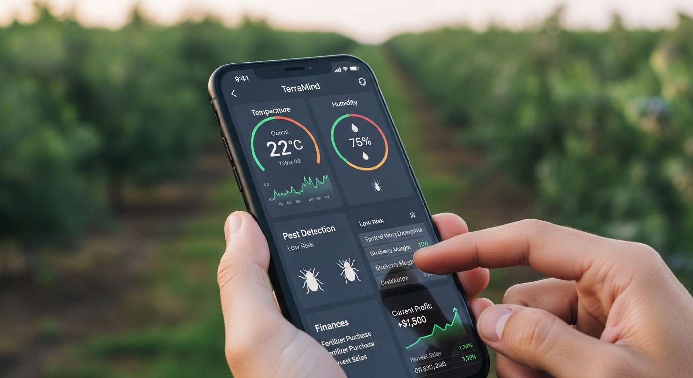 Dashboard de agricultura inteligente TerraMind mostrando monitoreo de cultivos en tiempo real
